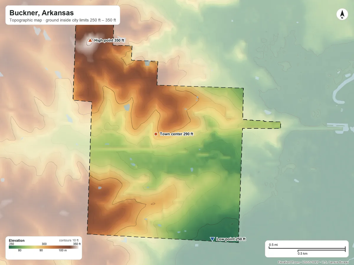 Topographic elevation map of Buckner, Arkansas, shaded from 250 ft on the southeast side to 350 ft on the northwest side