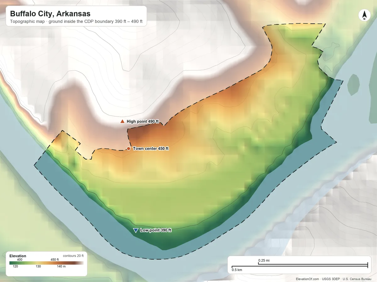 Topographic elevation map of Buffalo City, Arkansas, shaded from 390 ft on the south side to 490 ft on the north edge, below higher ground just outside