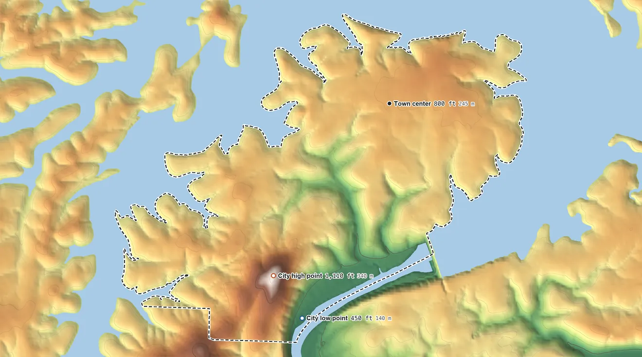 Topographic elevation map of Bull Shoals, Arkansas, shaded from 450 ft on the south side to 1,110 ft on Bull Shoals Mountain