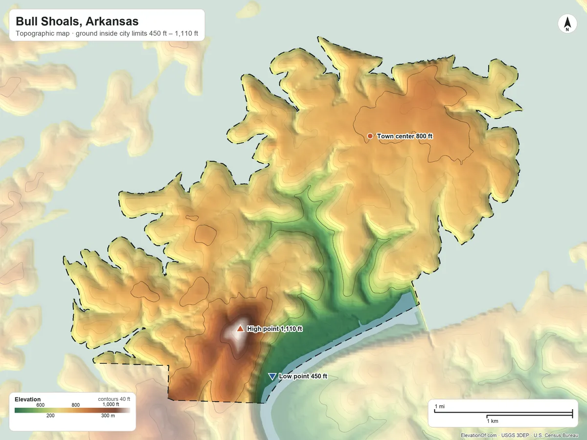 Topographic elevation map of Bull Shoals, Arkansas, shaded from 450 ft on the south side to 1,110 ft on Bull Shoals Mountain