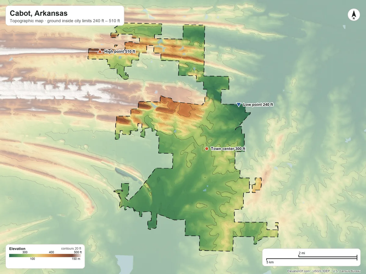 Topographic elevation map of Cabot, Arkansas, shaded from 240 ft on the northeast side to 510 ft on the northwest side