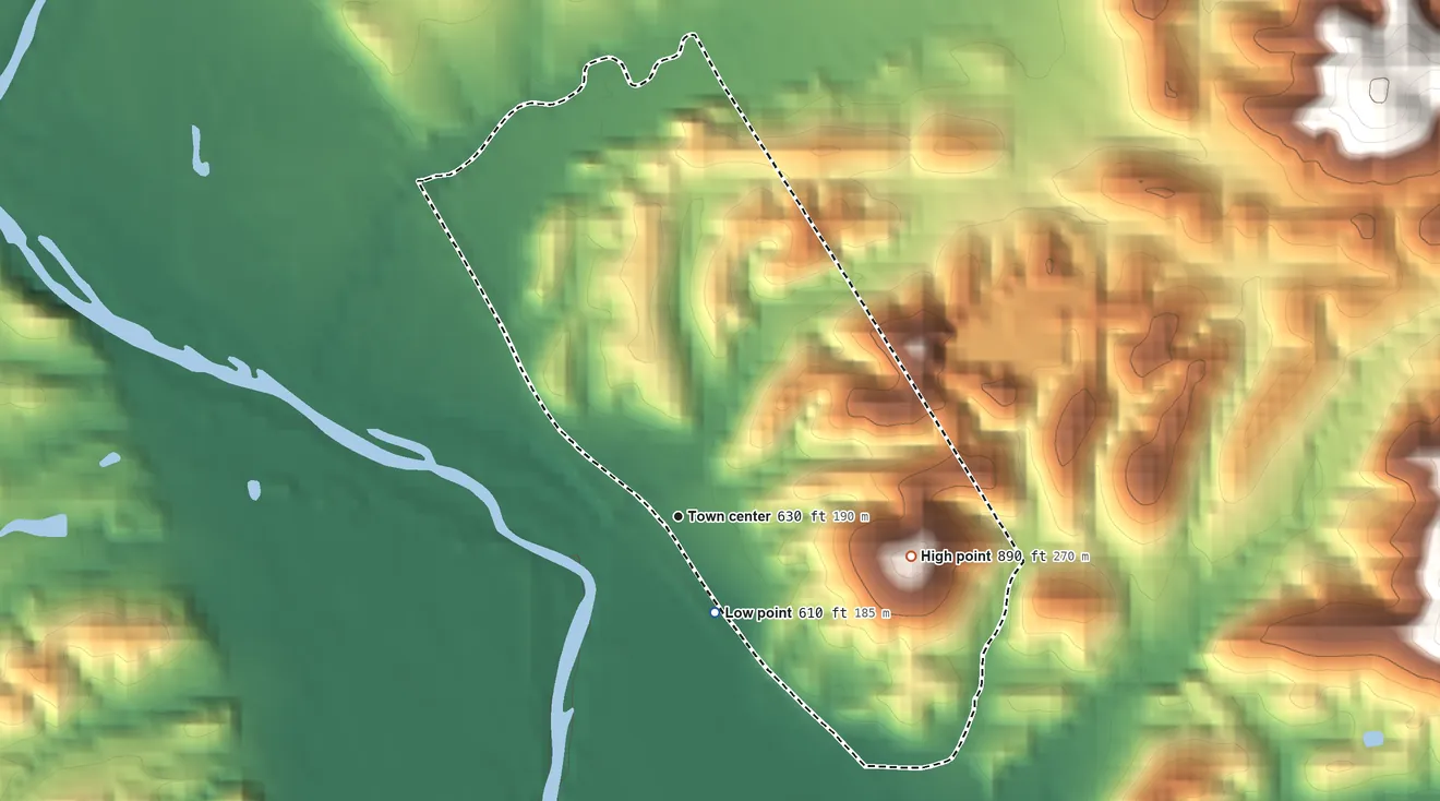 Topographic elevation map of Caddo Gap, Arkansas, shaded from 610 ft on the south side to 890 ft at the foot of the Caddo Mountains