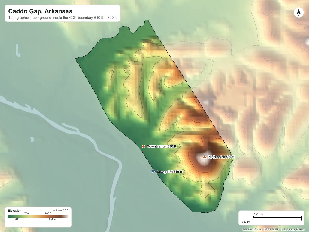 Topographic elevation map of Caddo Gap, Arkansas, shaded from 610 ft on the south side to 890 ft at the foot of the Caddo Mountains
