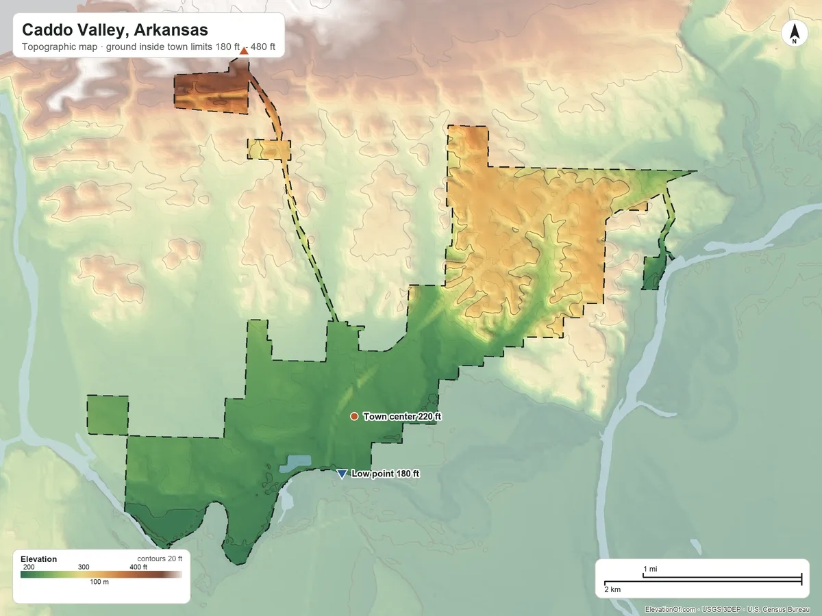 Topographic elevation map of Caddo Valley, Arkansas, shaded from 180 ft near the middle to 480 ft on the north side