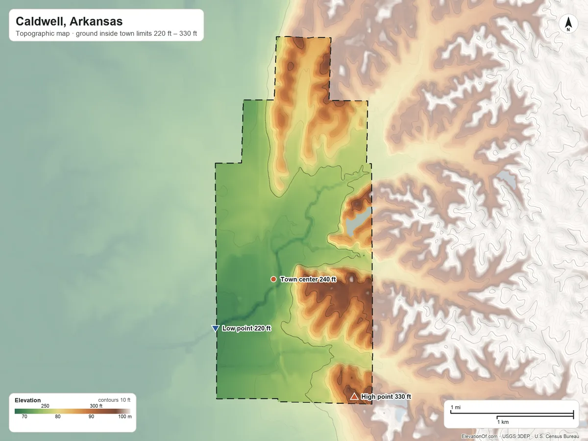Topographic elevation map of Caldwell, Arkansas, shaded from 220 ft on the southwest side to 330 ft on the southeast side