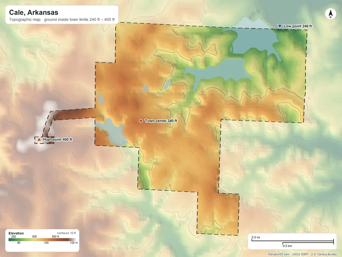 Topographic elevation map of Cale, Arkansas, shaded from 240 ft on the northeast side to 400 ft on the west side