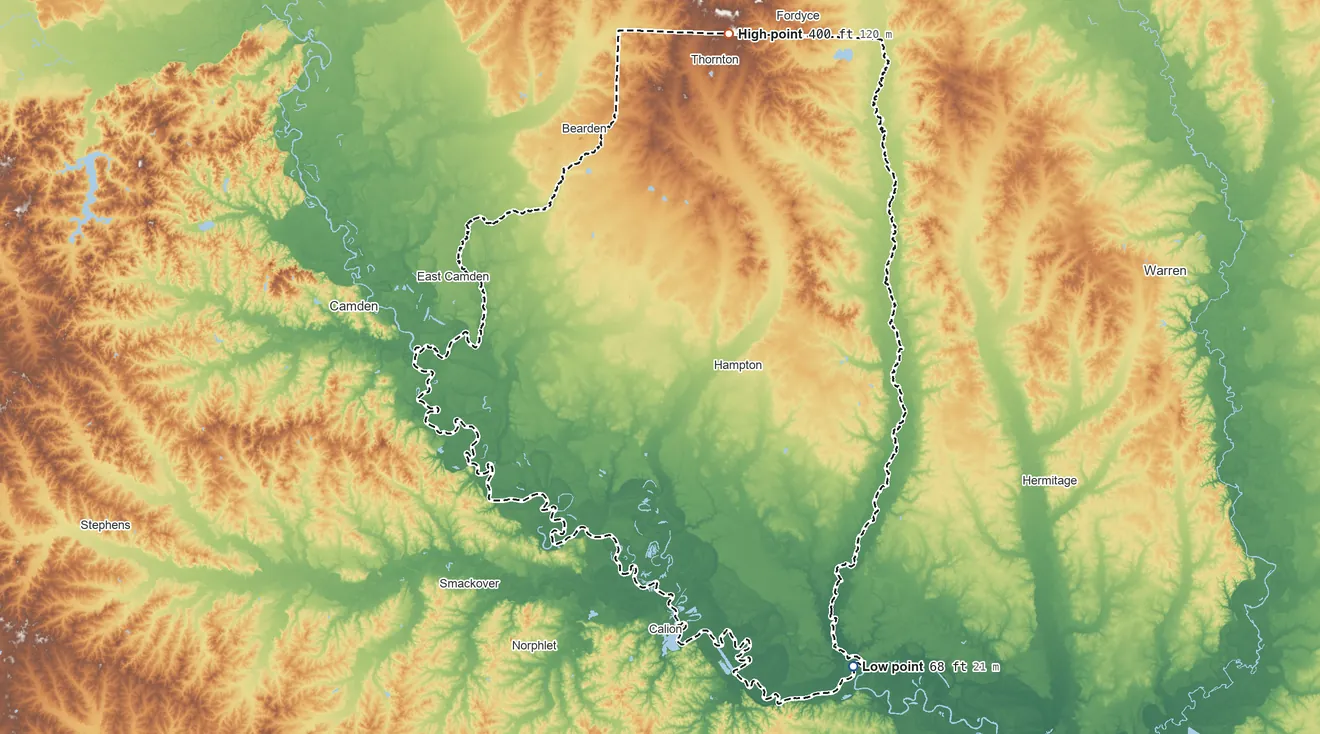 Topographic elevation map of Calhoun County, Arkansas, shaded from 68 ft on the southeast side to 400 ft on the north side