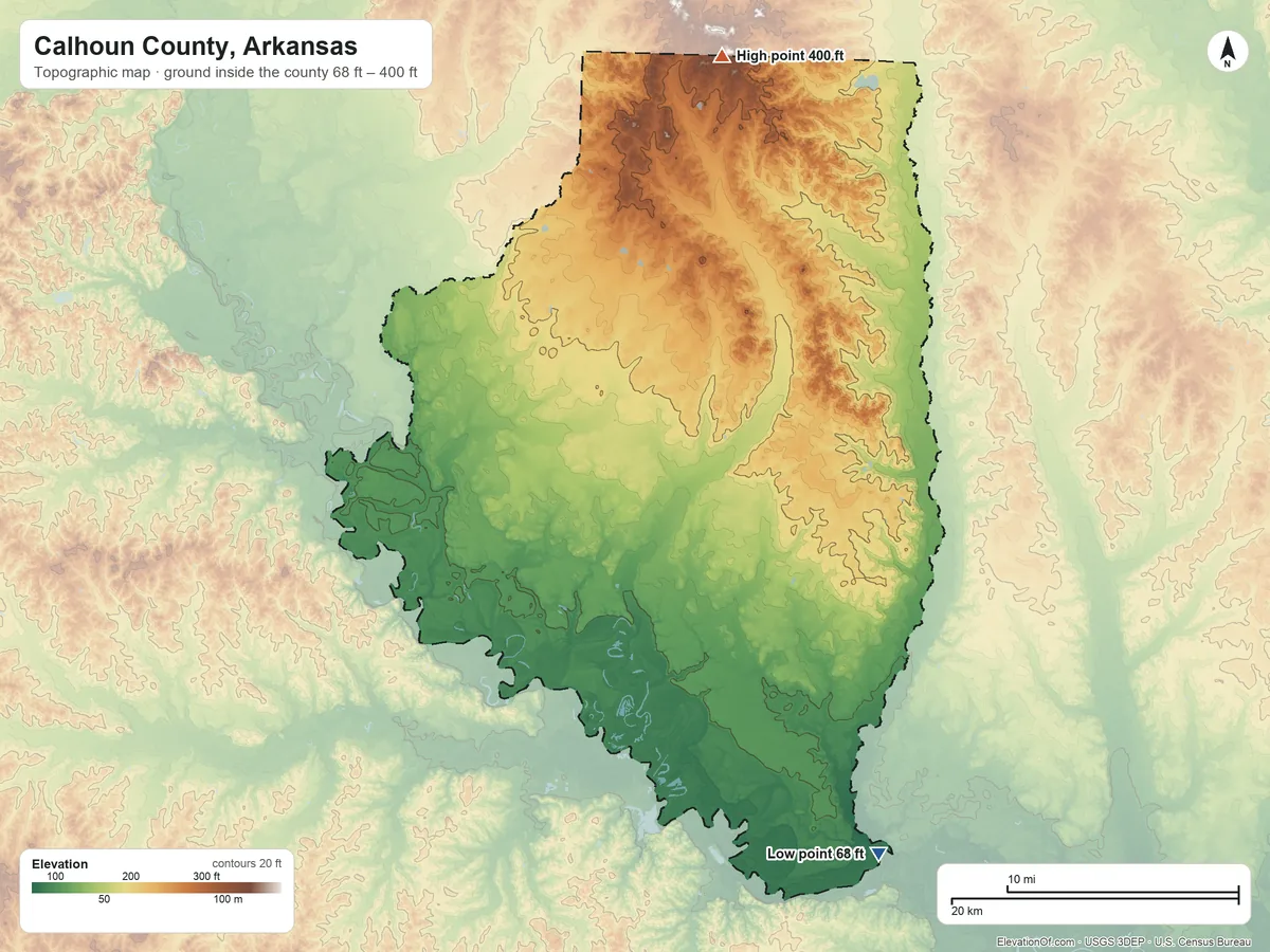 Topographic elevation map of Calhoun County, Arkansas, shaded from 68 ft on the southeast side to 400 ft on the north side