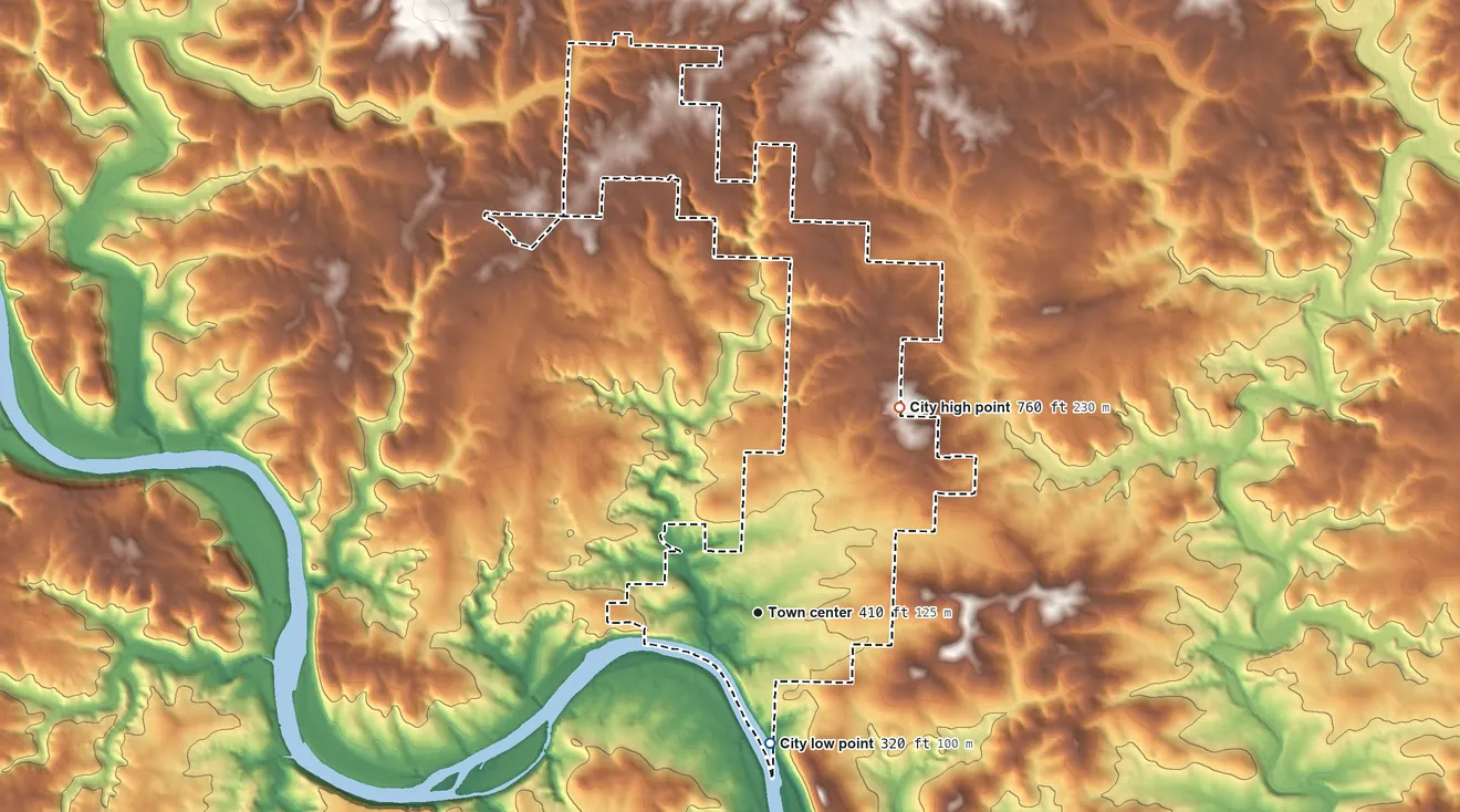 Topographic elevation map of Calico Rock, Arkansas, shaded from 320 ft on the south side to 760 ft on the northeast side