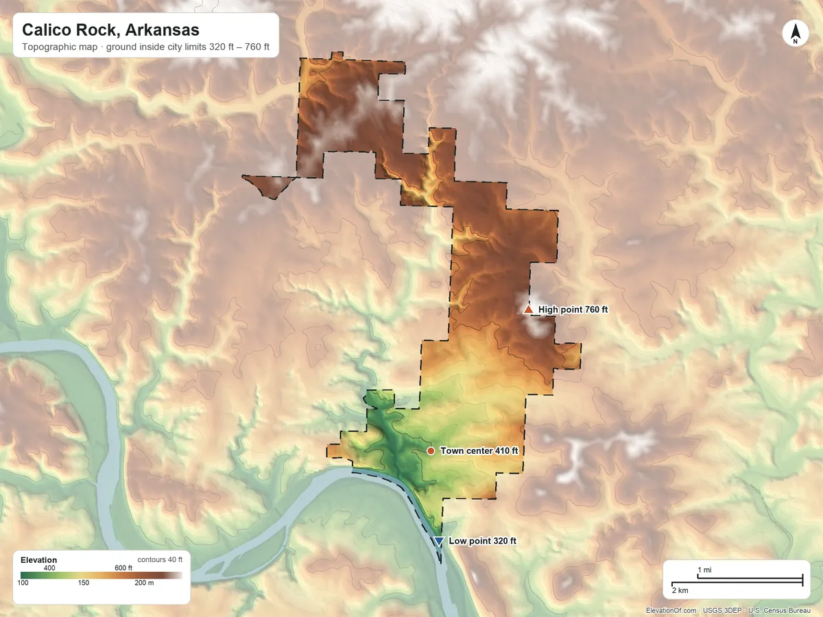 Topographic elevation map of Calico Rock, Arkansas, shaded from 320 ft on the south side to 760 ft on the northeast side