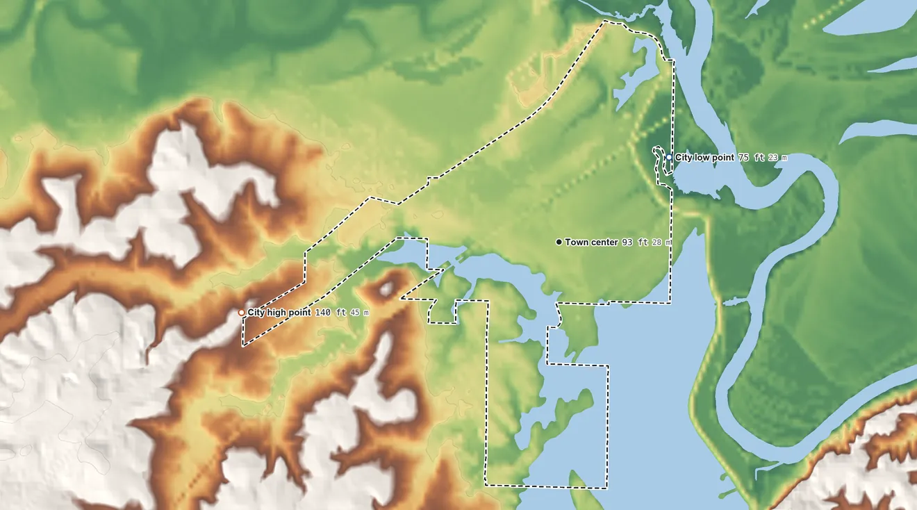 Topographic elevation map of Calion, Arkansas, shaded from 75 ft on the northeast side to 140 ft on the west side