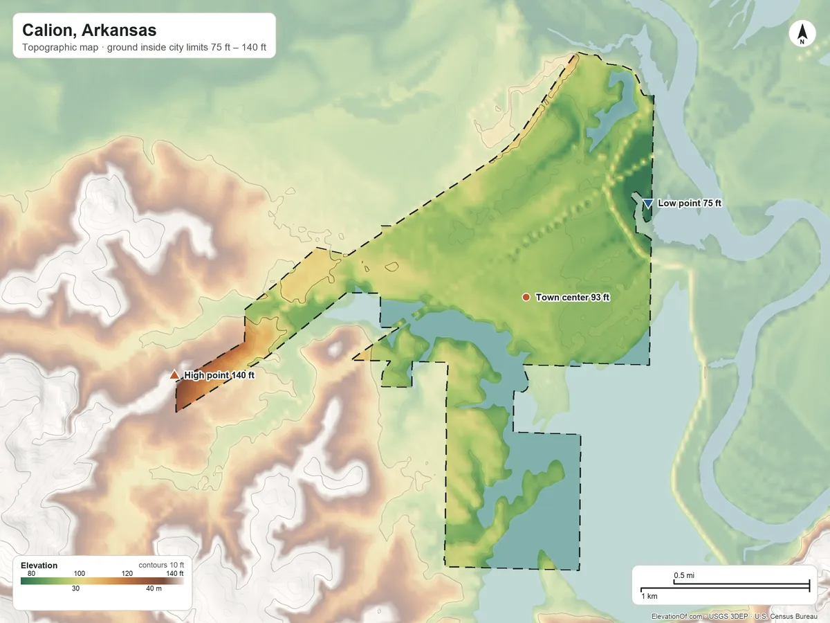 Topographic elevation map of Calion, Arkansas, shaded from 75 ft on the northeast side to 140 ft on the west side