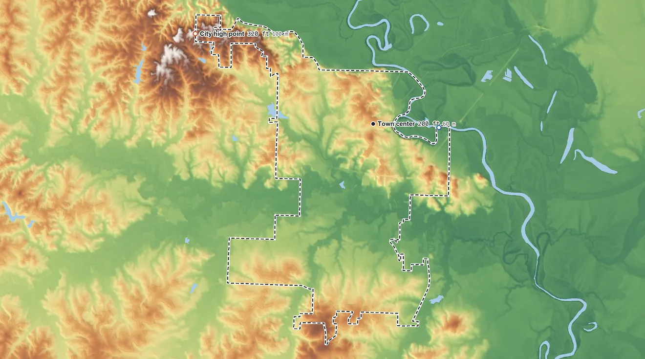 Topographic elevation map of Camden, Arkansas, shaded from 80 ft on the east side to 320 ft on the northwest side