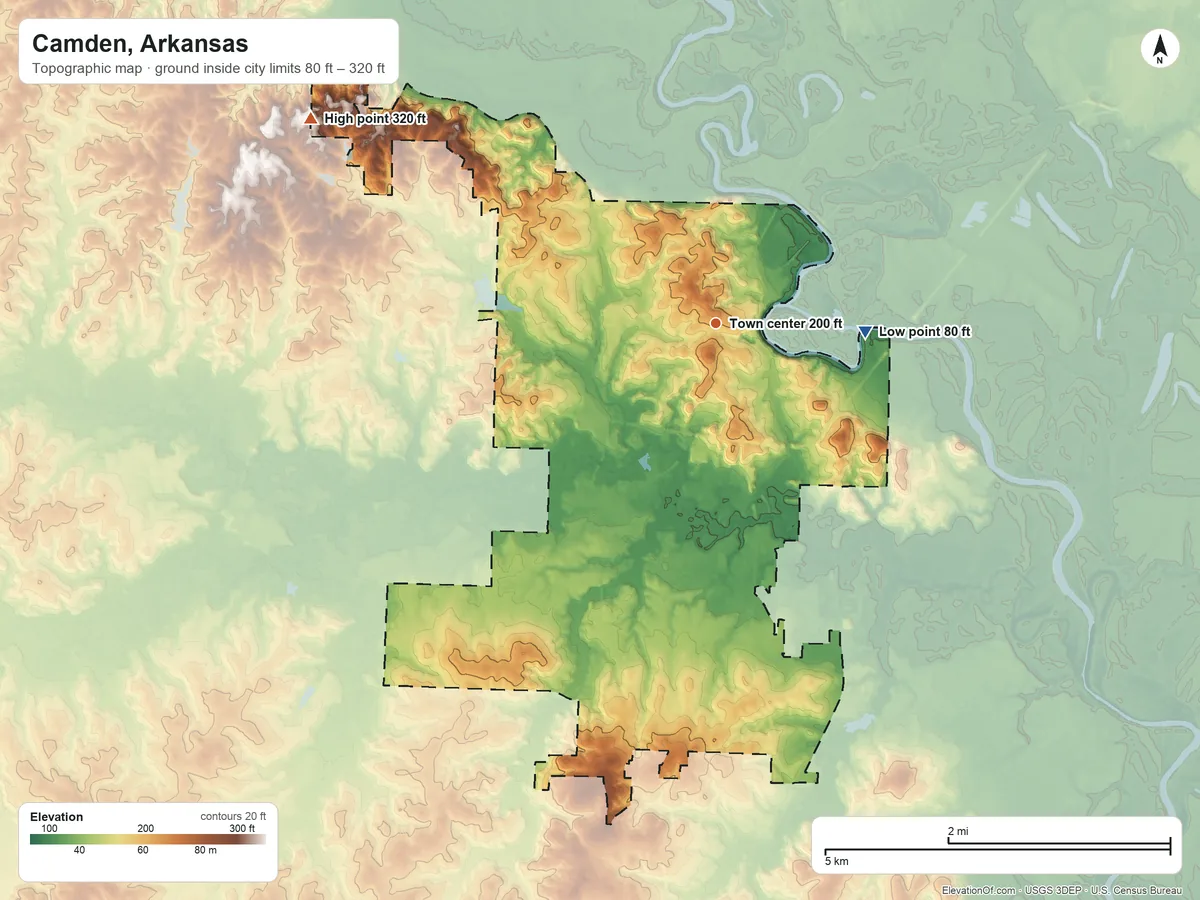 Topographic elevation map of Camden, Arkansas, shaded from 80 ft on the east side to 320 ft on the northwest side