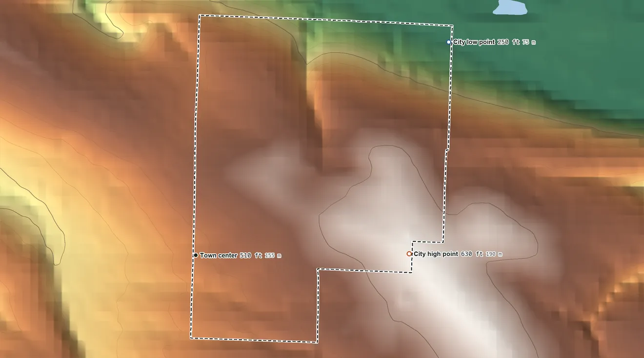 Topographic elevation map of Cammack Village, Arkansas, shaded from 250 ft on the northeast side to 630 ft on the east side