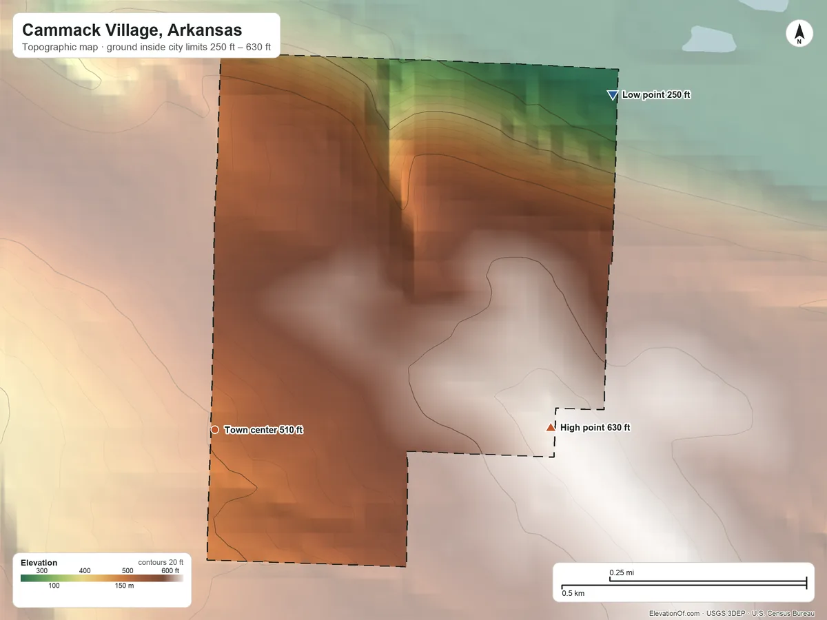 Topographic elevation map of Cammack Village, Arkansas, shaded from 250 ft on the northeast side to 630 ft on the east side