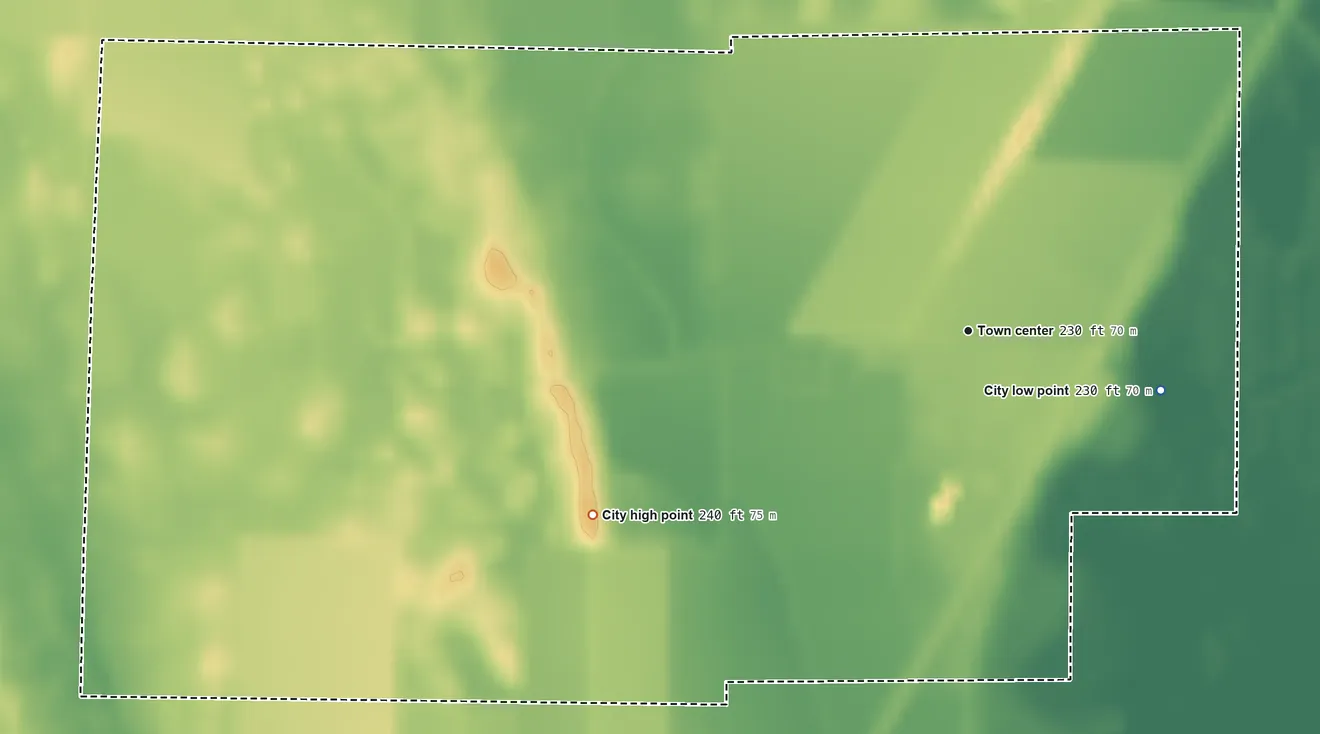 Topographic elevation map of Campbell Station, Arkansas, shaded from 230 ft on the east side to 240 ft on the southwest side