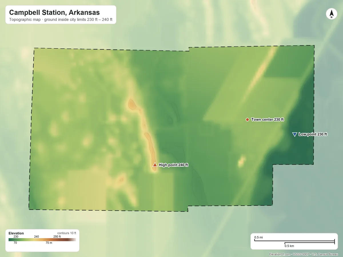 Topographic elevation map of Campbell Station, Arkansas, shaded from 230 ft on the east side to 240 ft on the southwest side