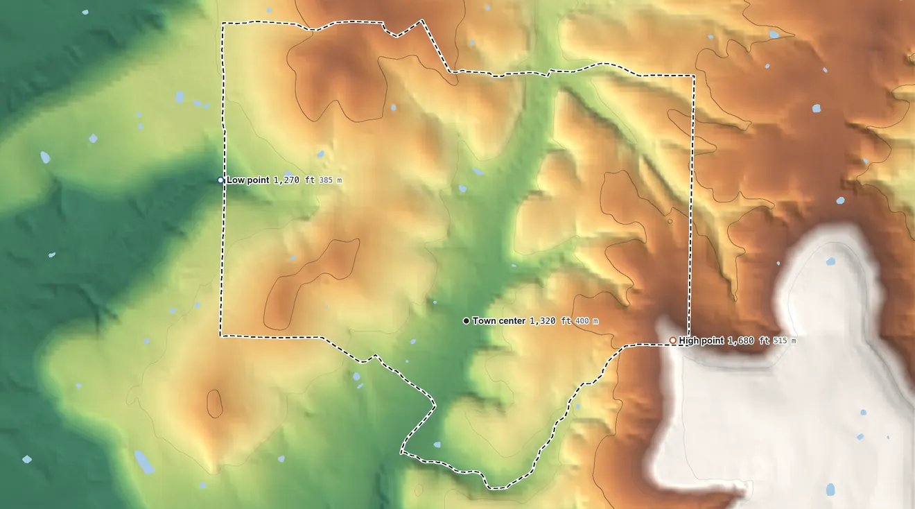 Topographic elevation map of Canehill, Arkansas, shaded from 1,270 ft on the northwest side to 1,680 ft on the east side
