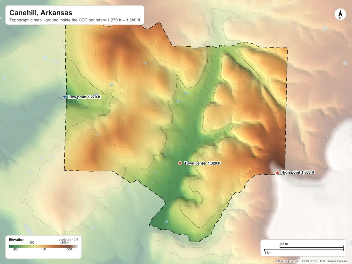 Topographic elevation map of Canehill, Arkansas, shaded from 1,270 ft on the northwest side to 1,680 ft on the east side