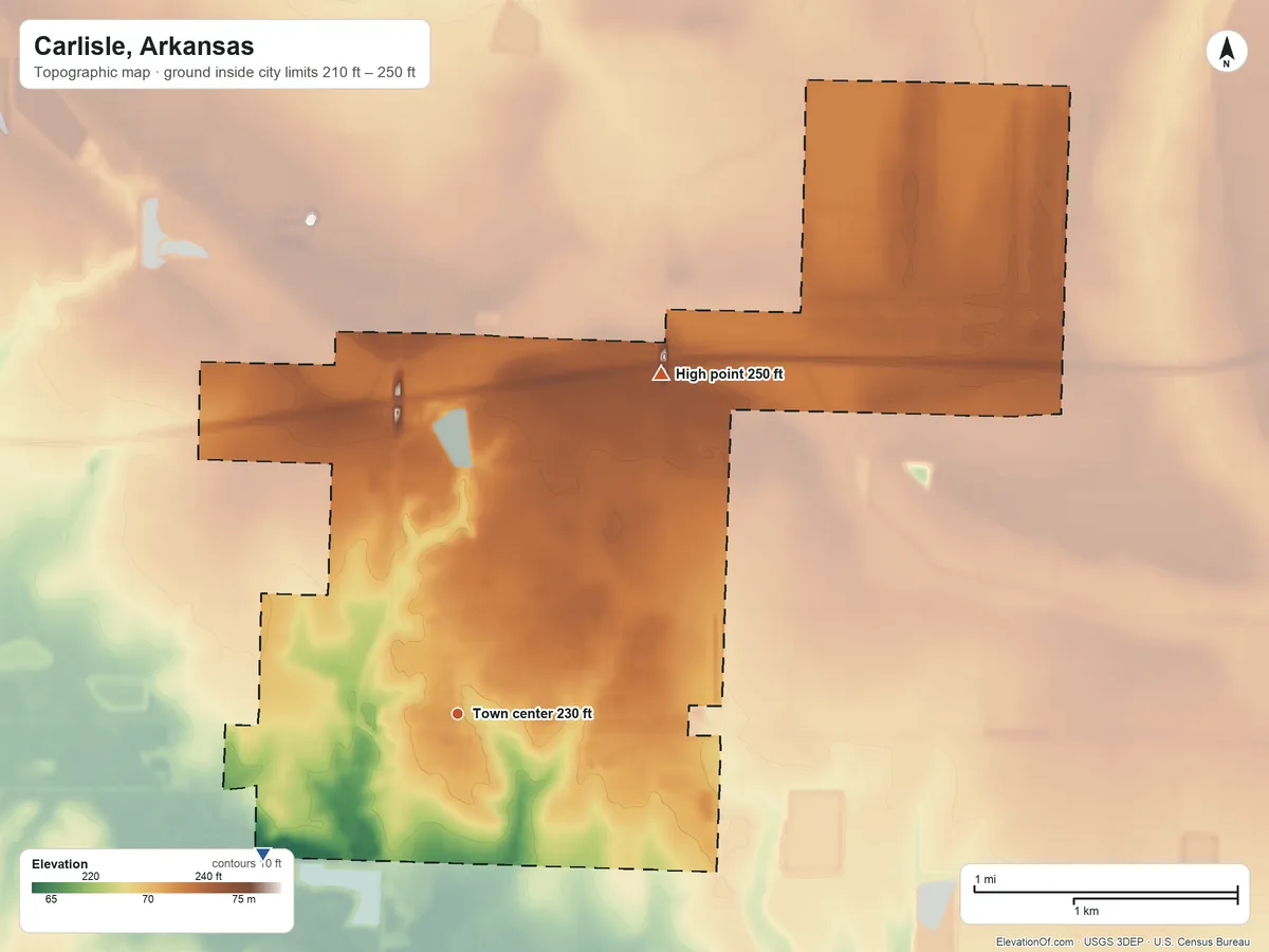 Topographic elevation map of Carlisle, Arkansas, shaded from 210 ft on the southwest side to 250 ft on the northeast side