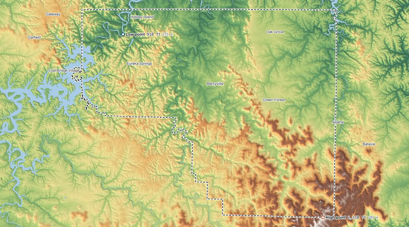 Topographic elevation map of Carroll County, Arkansas, shaded from 910 ft on the northwest side to 2,310 ft on the southeast side