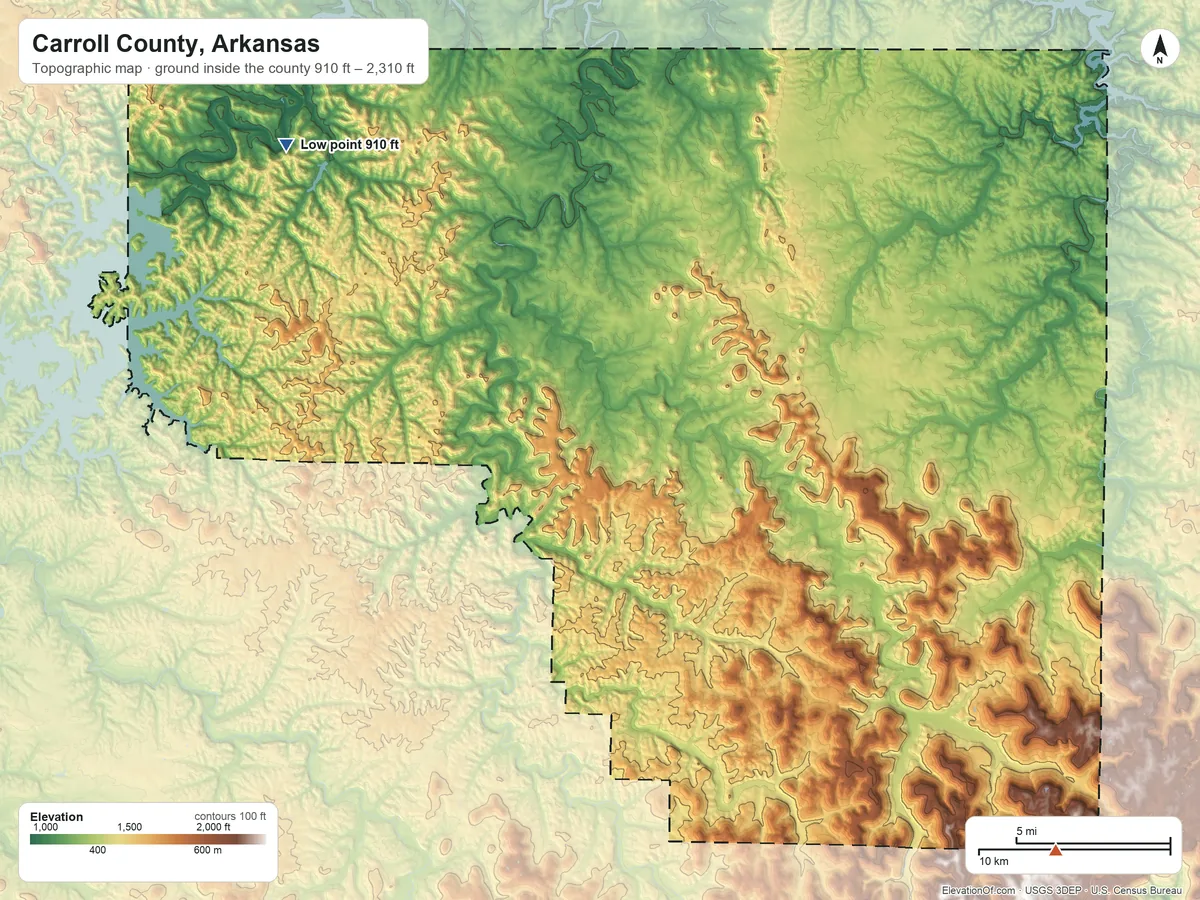 Topographic elevation map of Carroll County, Arkansas, shaded from 910 ft on the northwest side to 2,310 ft on the southeast side