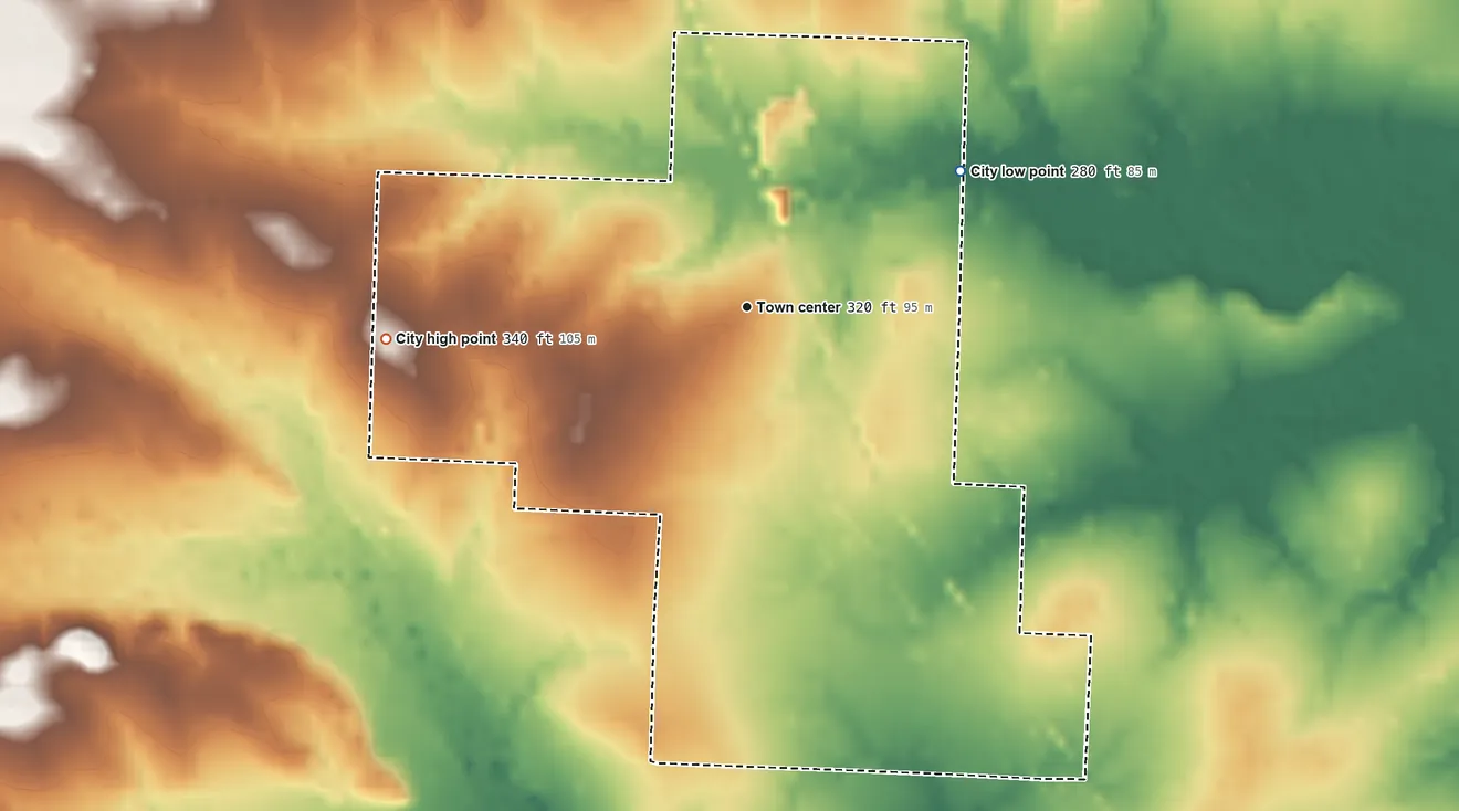 Topographic elevation map of Carthage, Arkansas, shaded from 280 ft on the northeast side to 340 ft on the west side