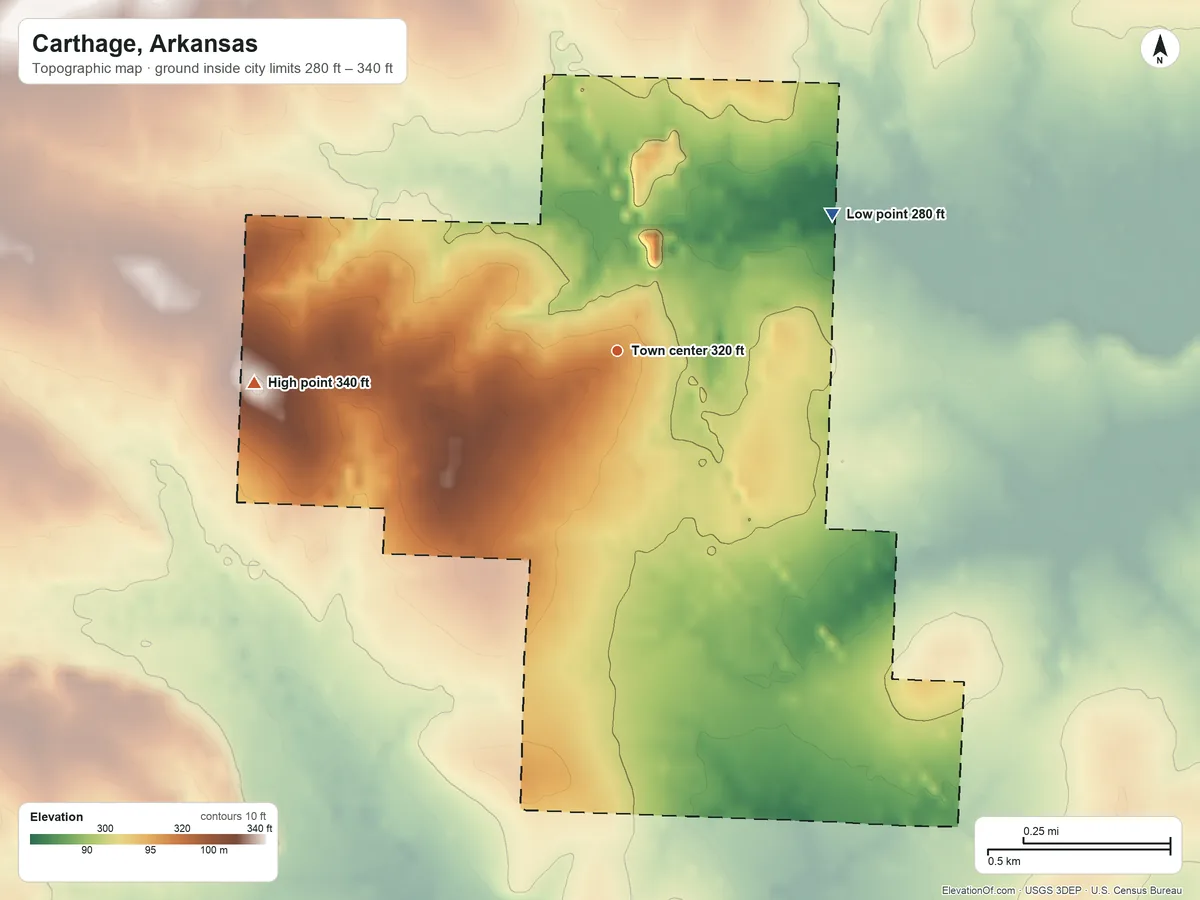 Topographic elevation map of Carthage, Arkansas, shaded from 280 ft on the northeast side to 340 ft on the west side