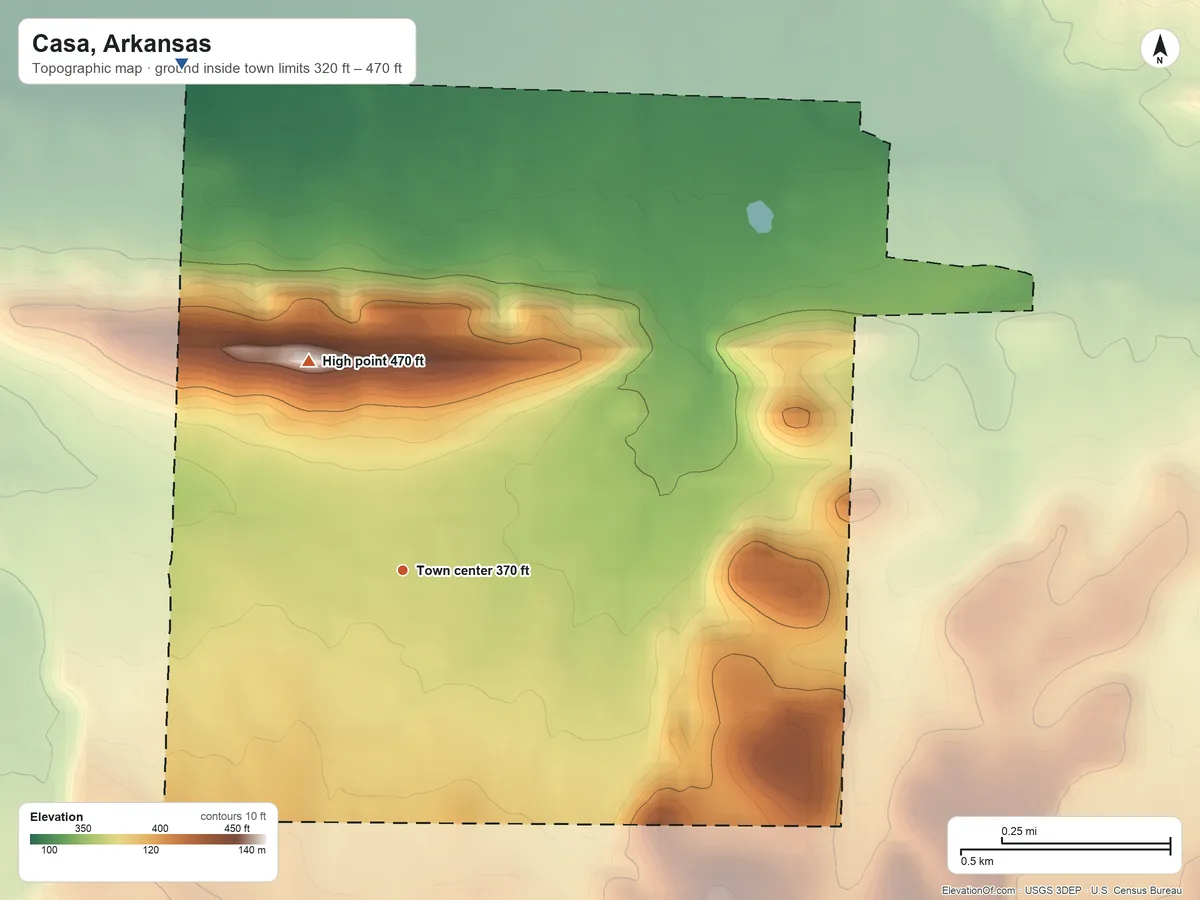 Topographic elevation map of Casa, Arkansas, shaded from 320 ft on the northwest side to 470 ft on the northwest side