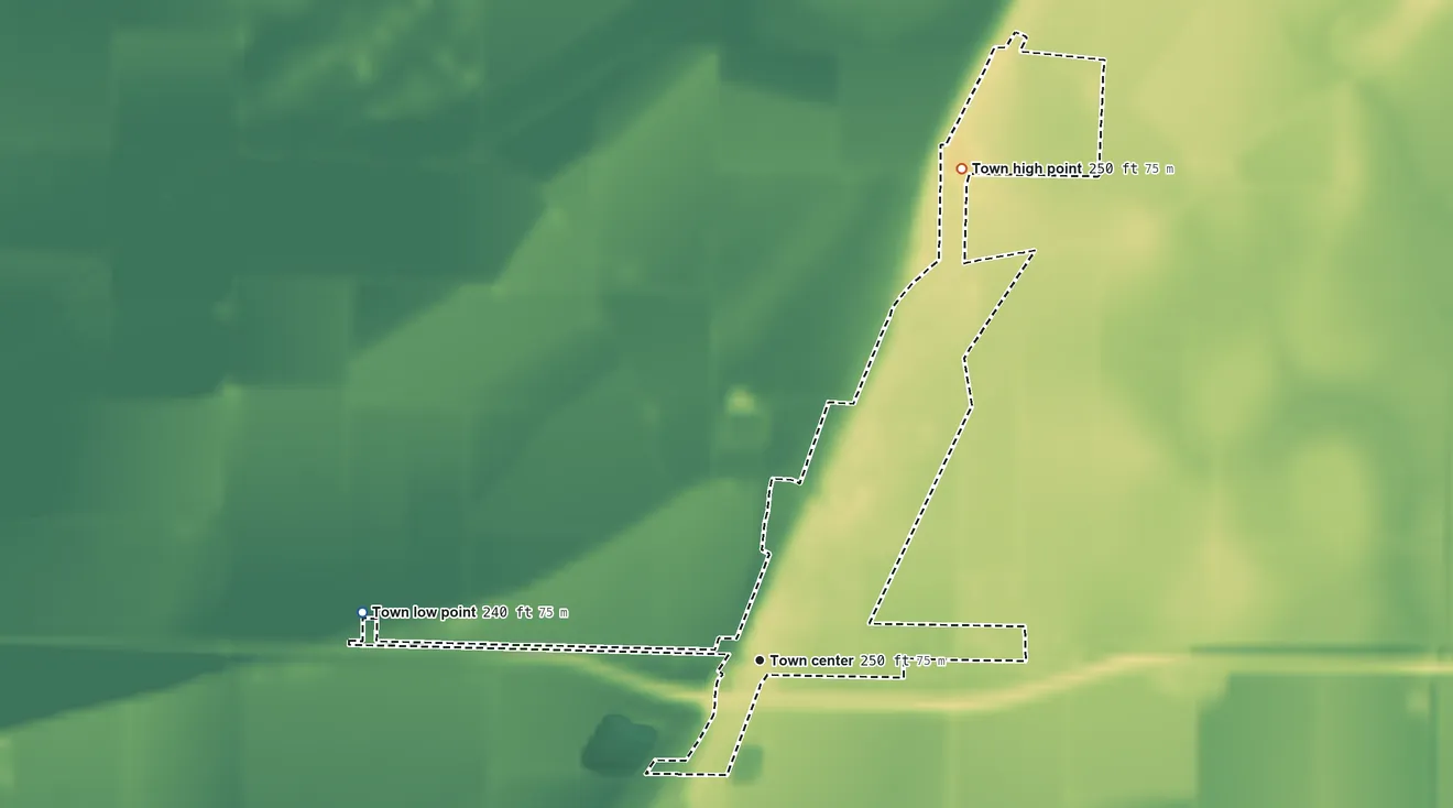 Topographic elevation map of Cash, Arkansas, shaded from 240 ft on the west side to 250 ft on the north side