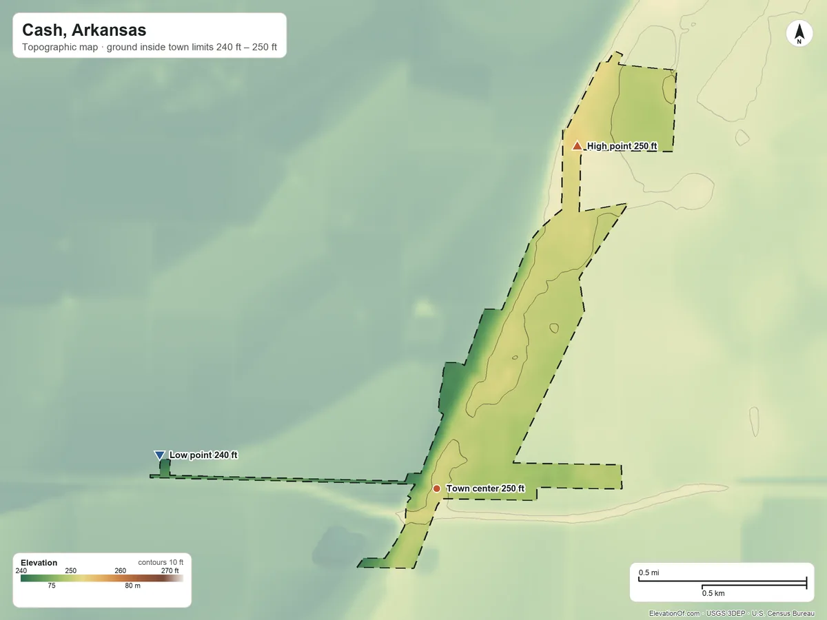 Topographic elevation map of Cash, Arkansas, shaded from 240 ft on the west side to 250 ft on the north side