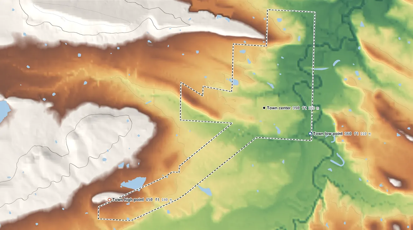 Topographic elevation map of Caulksville, Arkansas, shaded from 360 ft on the southeast side to 450 ft on the southwest side