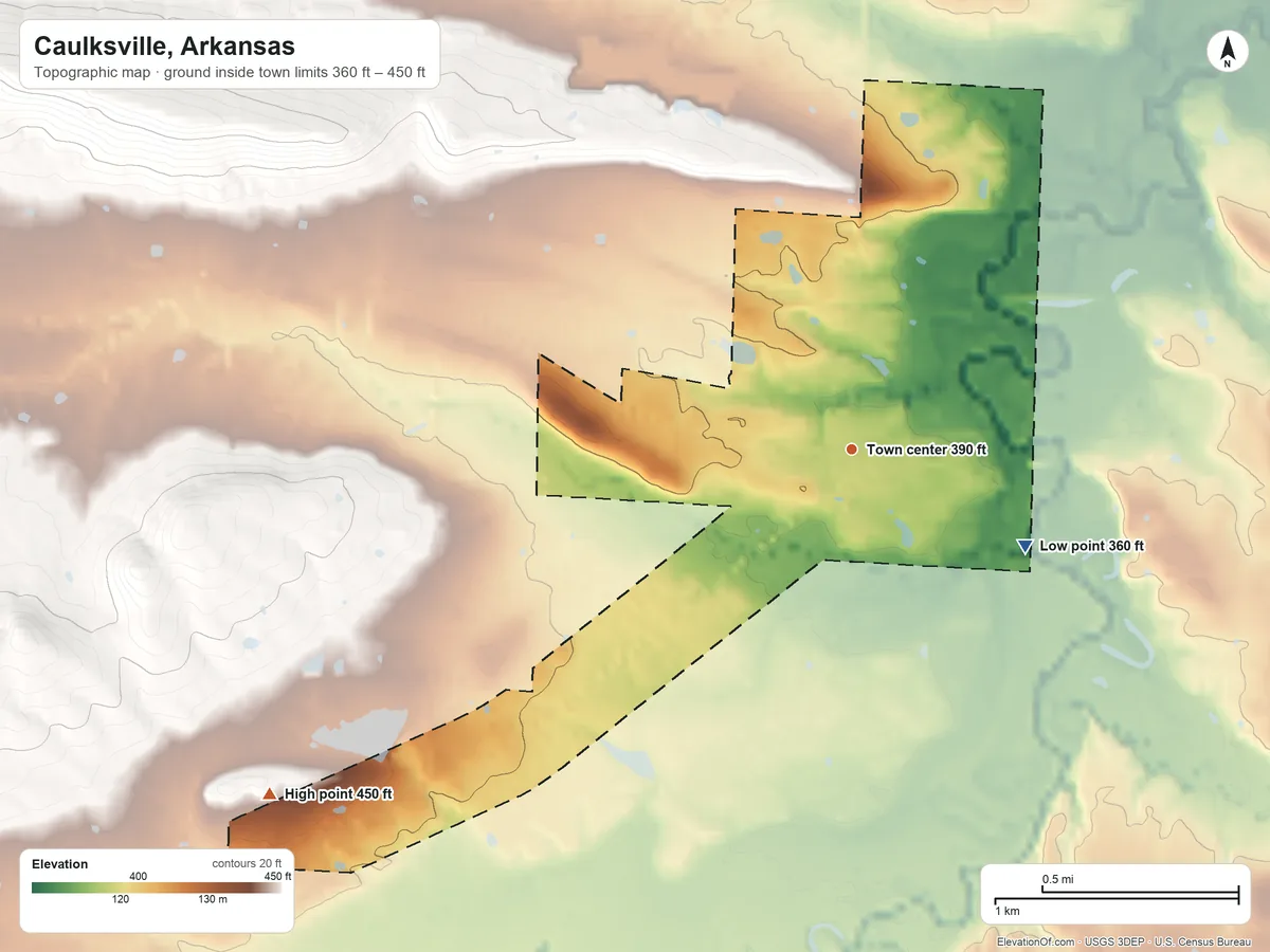 Topographic elevation map of Caulksville, Arkansas, shaded from 360 ft on the southeast side to 450 ft on the southwest side