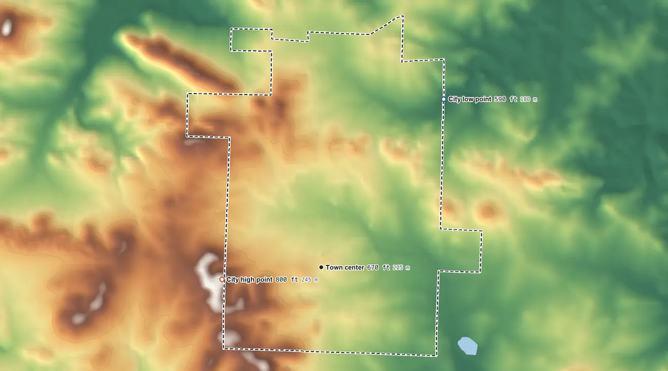 Topographic elevation map of Cave City, Arkansas, shaded from 590 ft on the northeast side to 800 ft on the west side