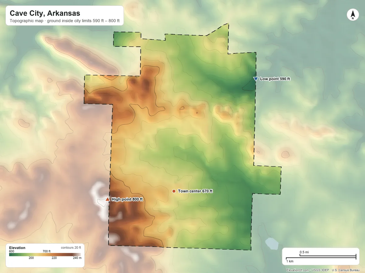 Topographic elevation map of Cave City, Arkansas, shaded from 590 ft on the northeast side to 800 ft on the west side