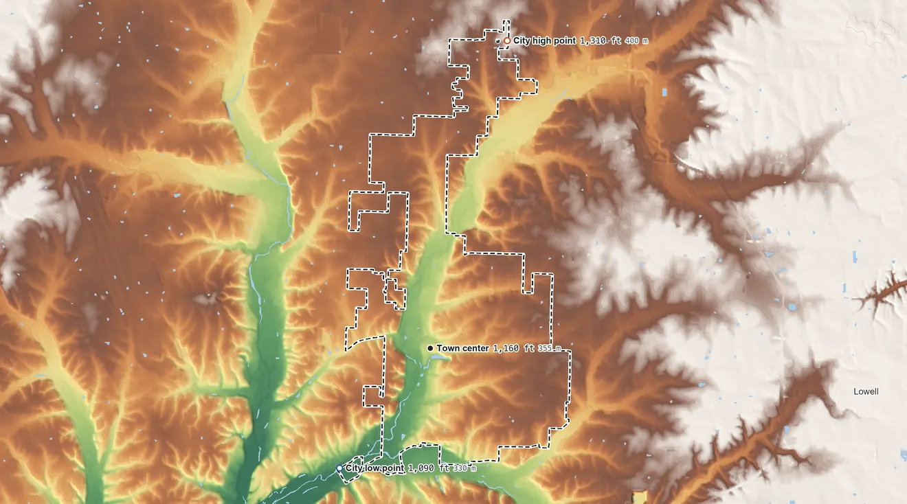 Topographic elevation map of Cave Springs, Arkansas, shaded from 1,090 ft on the southwest side to 1,310 ft on the north side