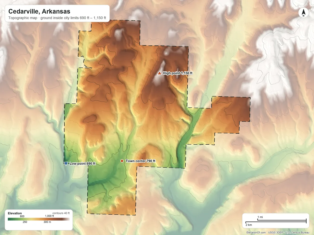 Topographic elevation map of Cedarville, Arkansas, shaded from 690 ft on the west side to 1,150 ft on the northeast side