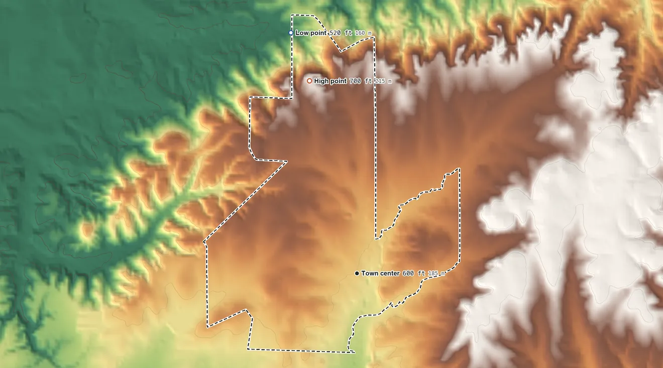 Topographic elevation map of Center Point, Arkansas, shaded from 520 ft on the north side to 700 ft on the north side