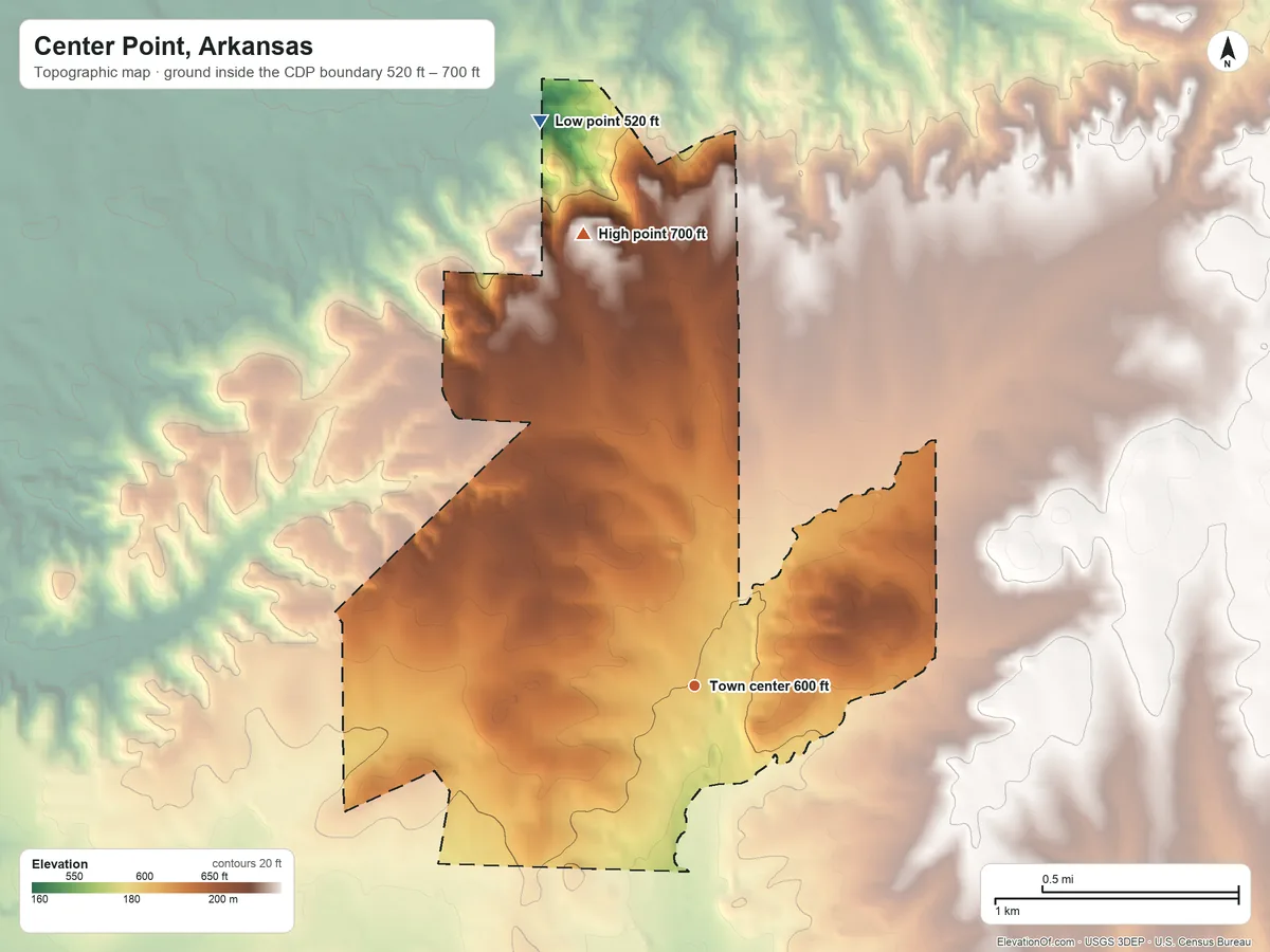 Topographic elevation map of Center Point, Arkansas, shaded from 520 ft on the north side to 700 ft on the north side