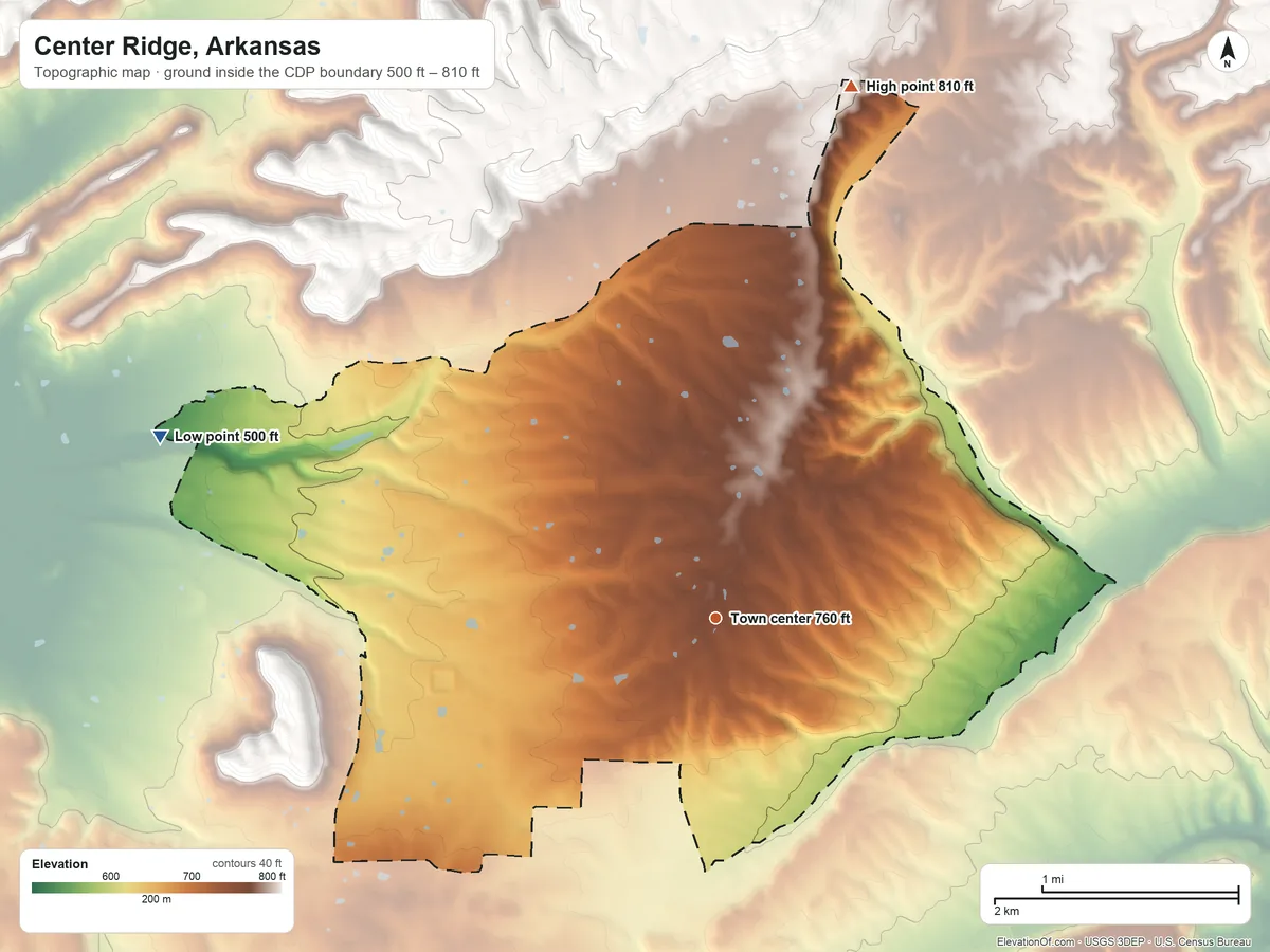 Topographic elevation map of Center Ridge, Arkansas, shaded from 500 ft on the west side to 810 ft on the north side