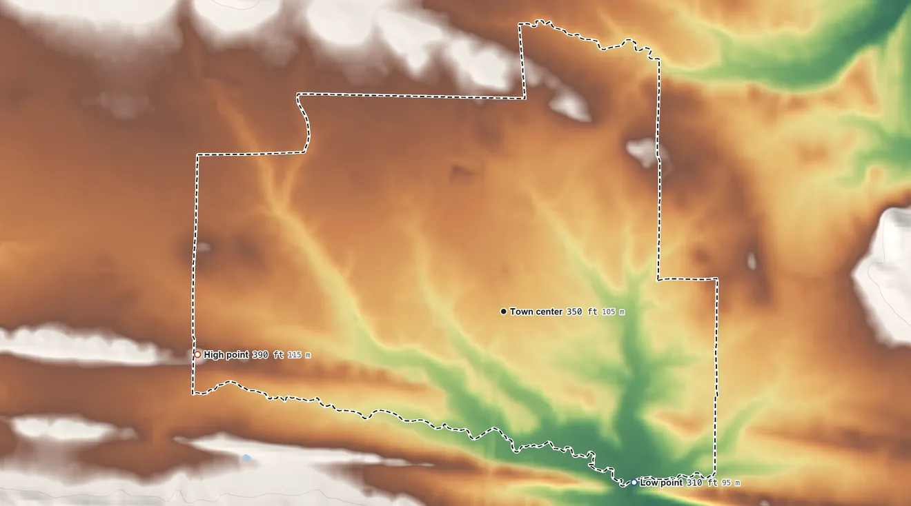 Topographic elevation map of Centerville, Arkansas, shaded from 310 ft on the southeast side to 390 ft on the west side