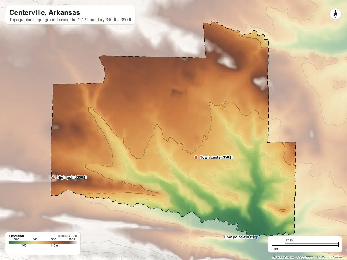 Topographic elevation map of Centerville, Arkansas, shaded from 310 ft on the southeast side to 390 ft on the west side