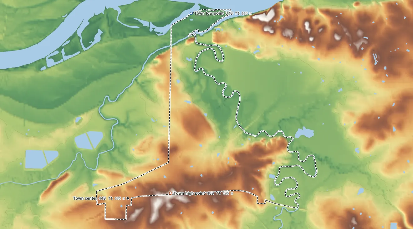 Topographic elevation map of Central City, Arkansas, shaded from 370 ft on the north side to 480 ft on the east side