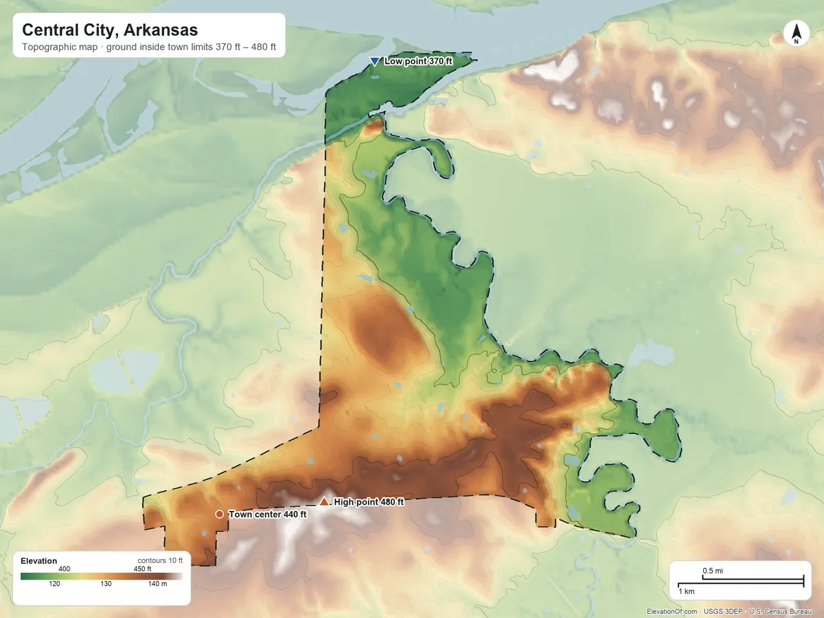 Topographic elevation map of Central City, Arkansas, shaded from 370 ft on the north side to 480 ft on the east side