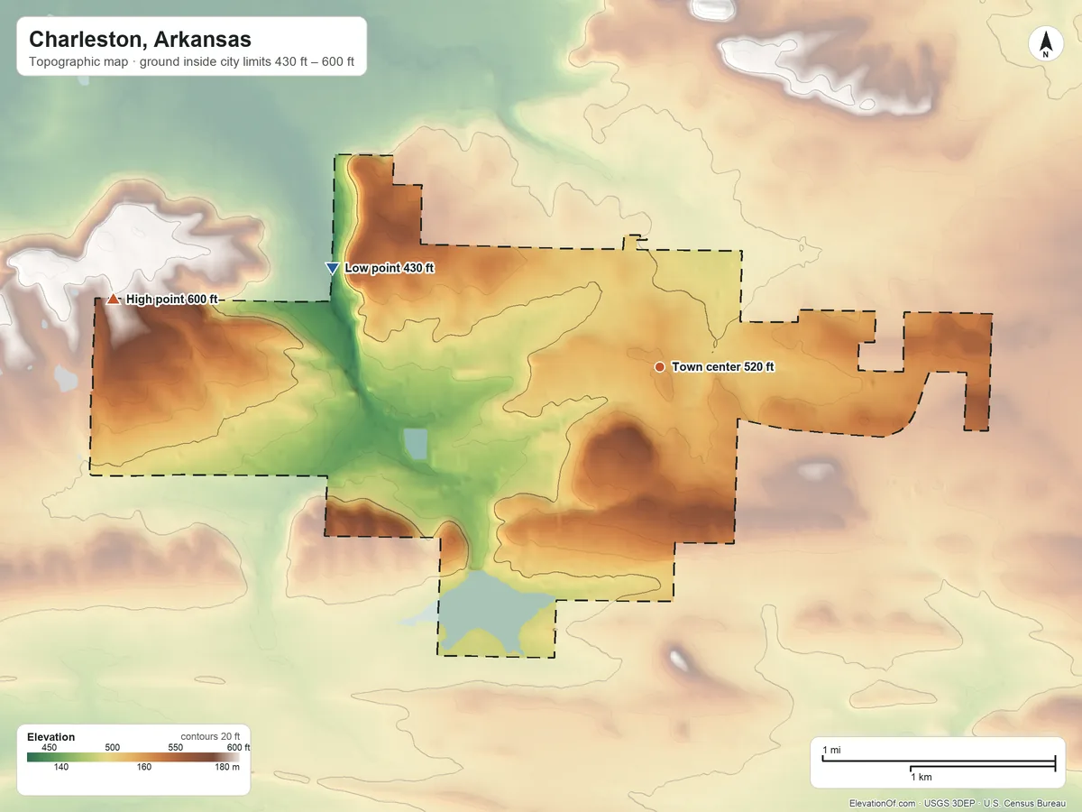 Topographic elevation map of Charleston, Arkansas, shaded from 430 ft on the west side to 600 ft on the west side