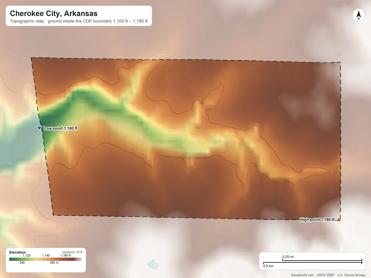 Topographic elevation map of Cherokee City, Arkansas, shaded from 1,100 ft on the west side to 1,180 ft on the southeast side