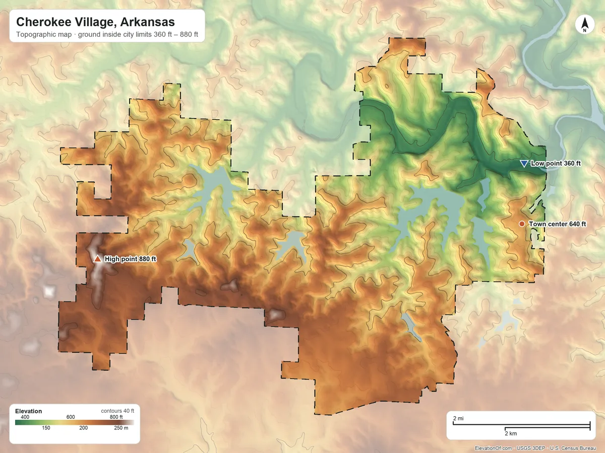 Topographic elevation map of Cherokee Village, Arkansas, shaded from 360 ft near the middle to 880 ft on the west side