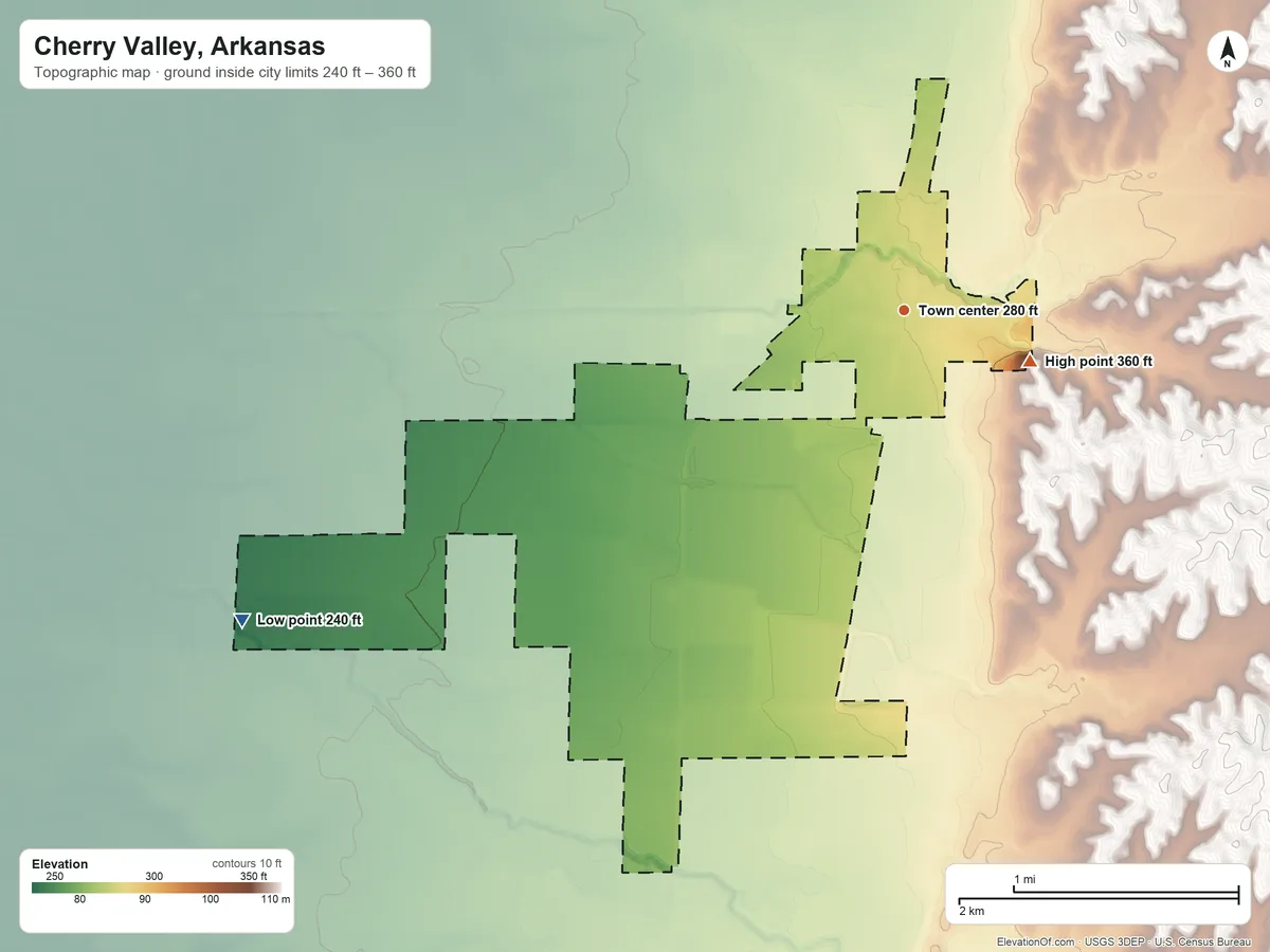 Topographic elevation map of Cherry Valley, Arkansas, shaded from 240 ft on the southwest side to 360 ft on the east side