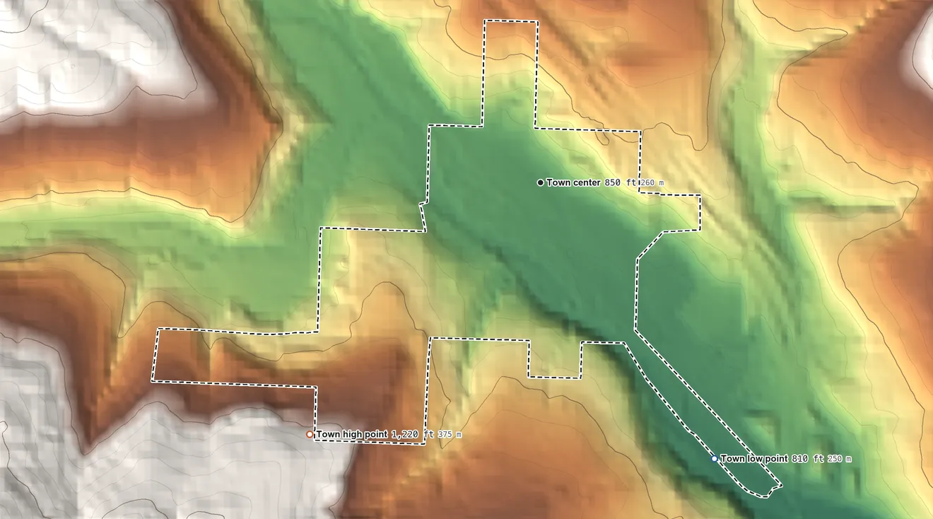 Topographic elevation map of Chester, Arkansas, shaded from 810 ft on the southeast side to 1,220 ft on the southwest edge, below higher ground just outside